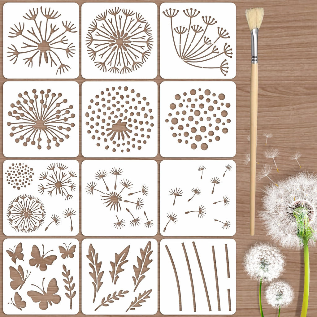 TWINKLEMON 12PCS Large Flower Stencils for Painting on Wood 12 x 12 Inch Dandelion Stencil with Brushes Butterfly Stencil Large Floral Stencils for Walls Garden Fence Furniture Fabric