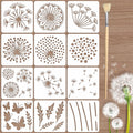 TWINKLEMON 12PCS Large Flower Stencils for Painting on Wood 12 x 12 Inch Dandelion Stencil with Brushes Butterfly Stencil Large Floral Stencils for Walls Garden Fence Furniture Fabric