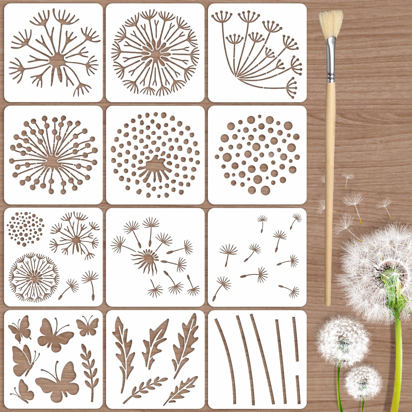 TWINKLEMON 12PCS Large Flower Stencils for Painting on Wood 12 x 12 Inch Dandelion Stencil with Brushes Butterfly Stencil Large Floral Stencils for Walls Garden Fence Furniture Fabric