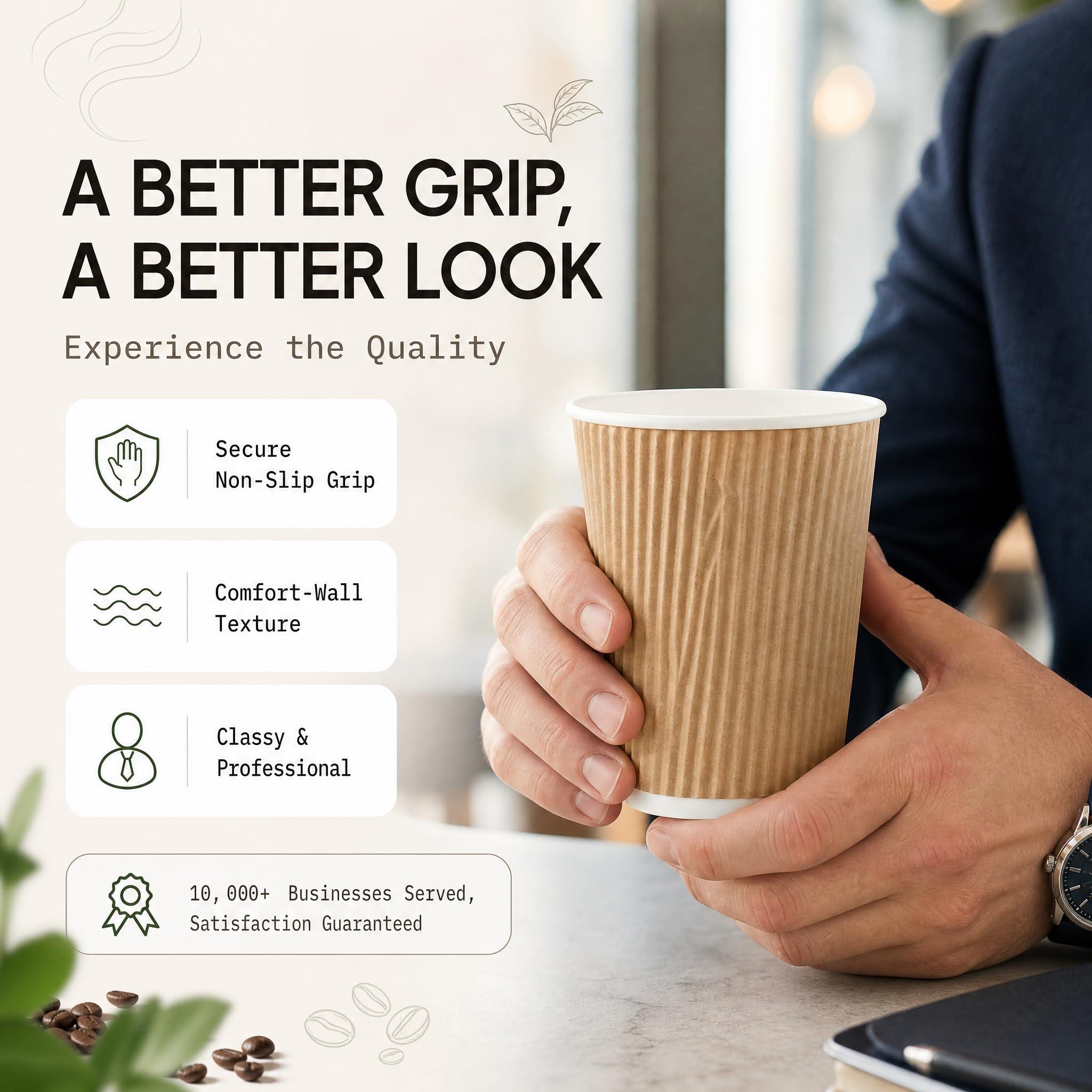 NYHI 150 10 oz Ripple Kraft Paper Cups Brown Hot Cold Cups 3 Layer Rippled Small Insulated Disposable Coffee Cups for Cappuccino Hot Cocoa or Iced Drinks