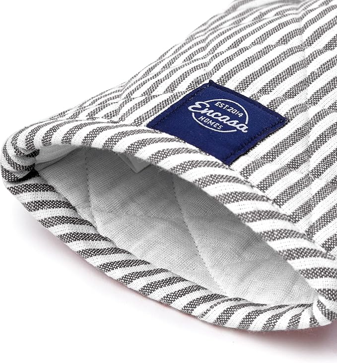Encasa Homes Long 12"x7" Oven Microwave Hand Gloves Mitts (2 pc Set) for Kitchen Cooking & Baking - Heat Resistant, Thick & Safe, Protection of Hands from Hot Utensils - Ticking Black