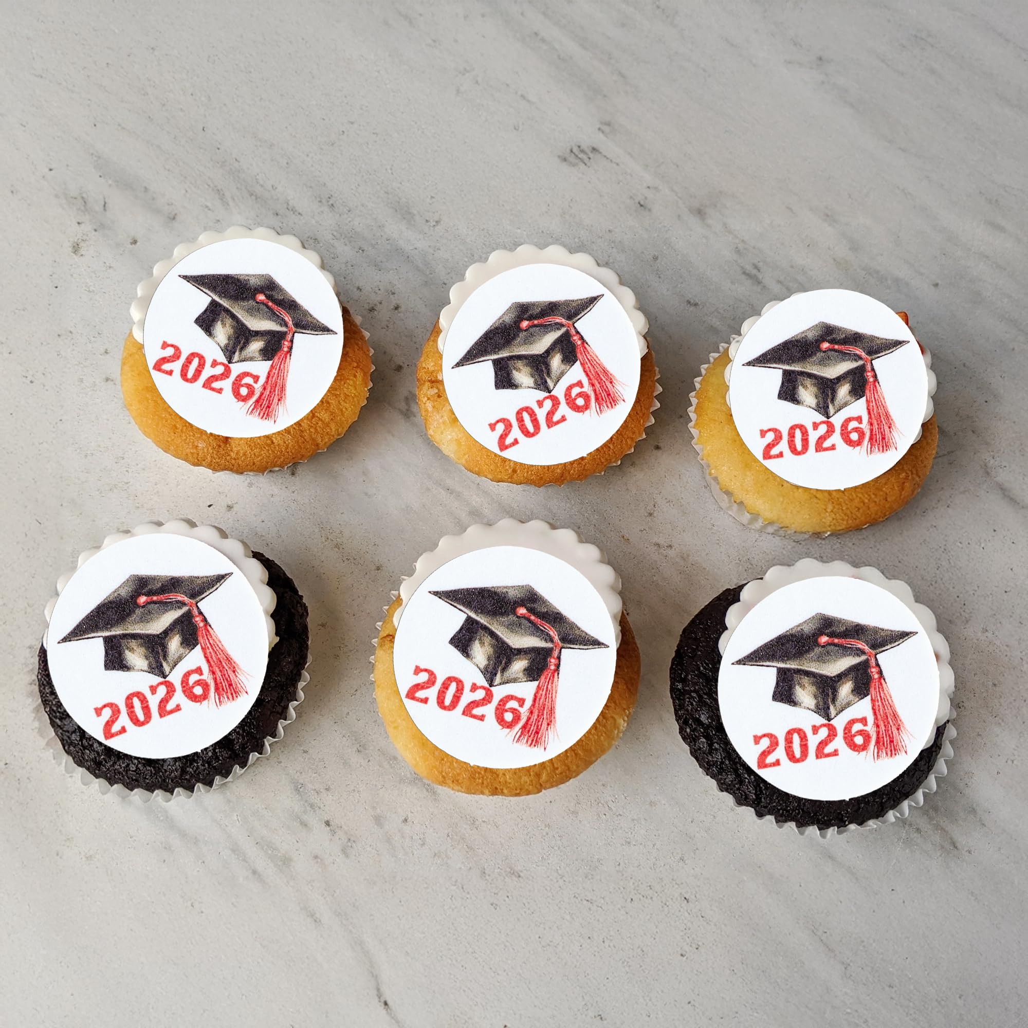 Gyufise 48Pcs Edible 2026 Graduation Cap Cupcake Toppers Wafer Paper Class of 2026 Grad Cap Cupcake Picks for 2026 Graduation Theme Party Cake Decorations Supplies Red