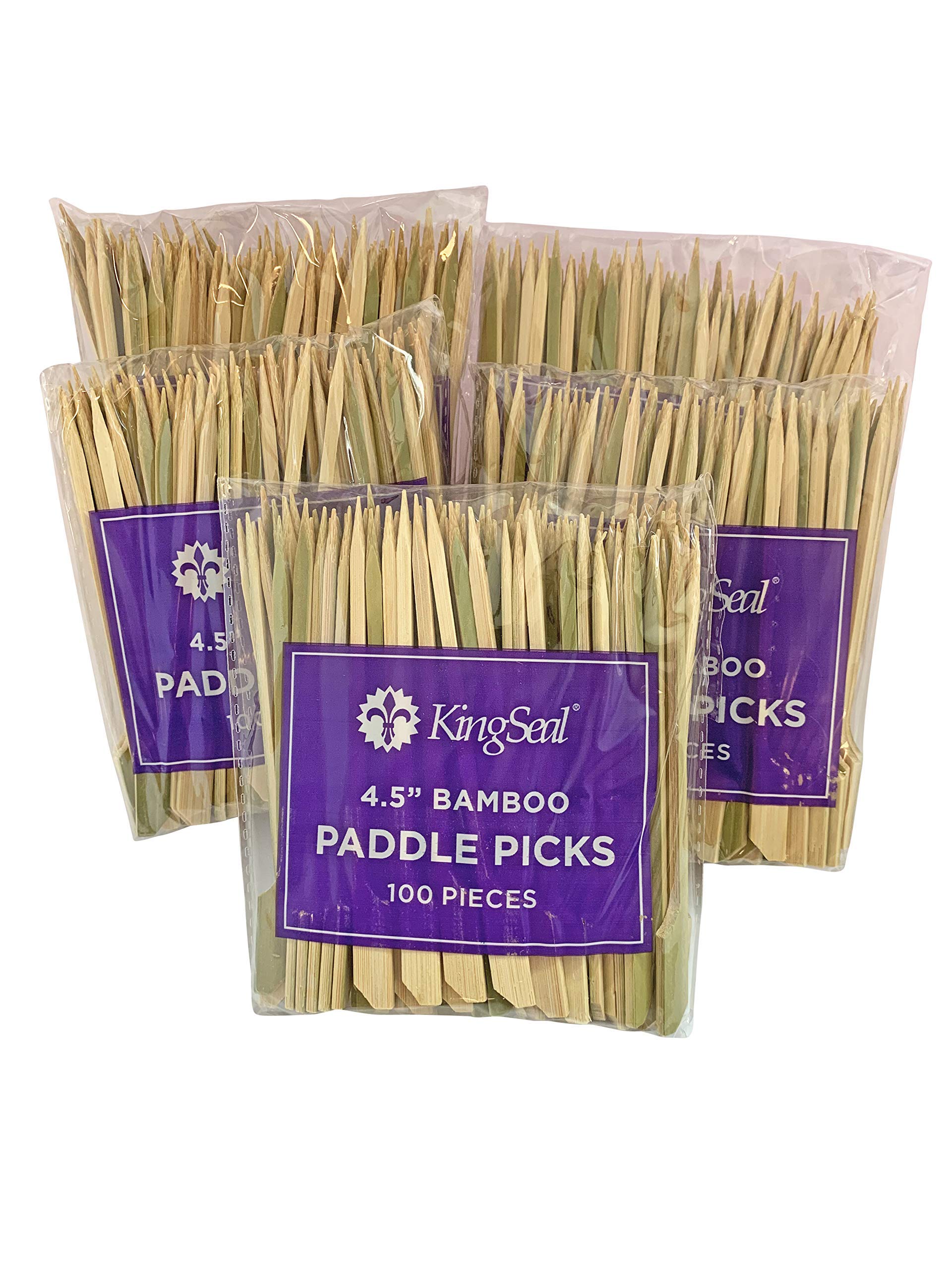 1000 Count | KingSeal Natural Green Bamboo Wood Paddle Picks, Skewers for Appetizers and Cocktails, 4.5 Inches, Bulk Pack - 10 Packs of 100