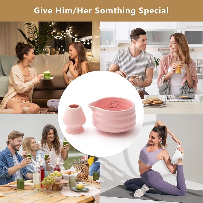 2pcs Matcha Bowl with Whisk Holder, Ceramic Pink Matcha Bowl with Spout, 16.5OZ Porcelain Bowl with Measurement Marks, Tea Mixing Bowl with Whisk Stand, Gfit for mom/daughter/girls (pink)