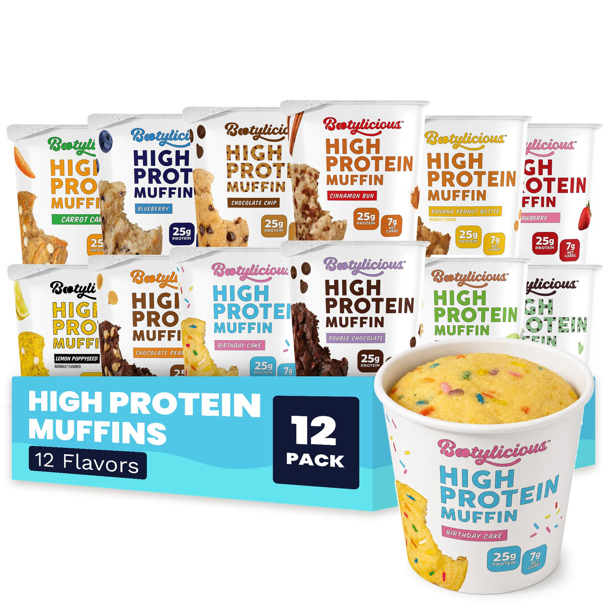 Bootylicious High Protein Muffins Variety Pack, 12 Flavors, 12 Cups
