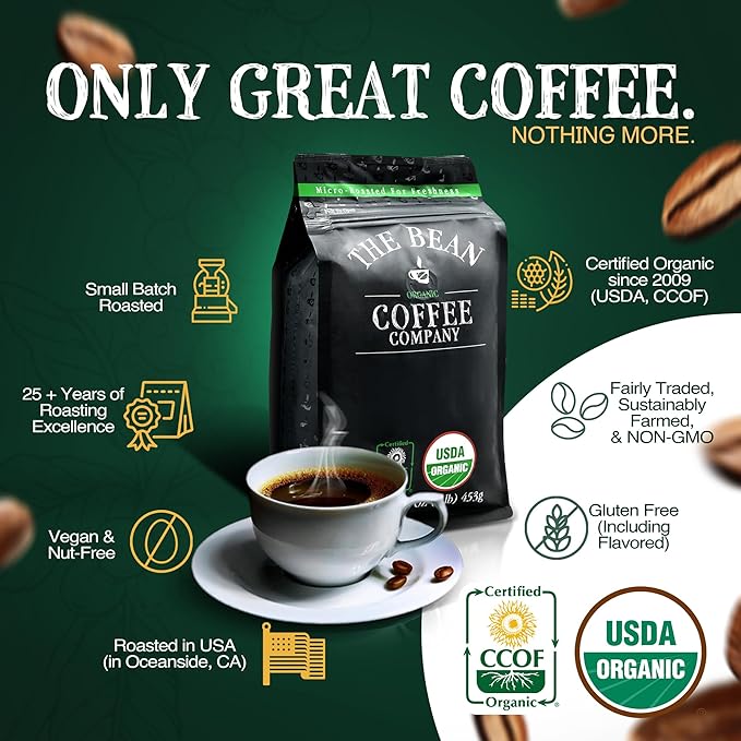 The Bean Organic Coffee Company Chocolate Macadamia Nut, Medium Roast, Ground Coffee, 16-Ounce Bag, Café molido tostado orgánico