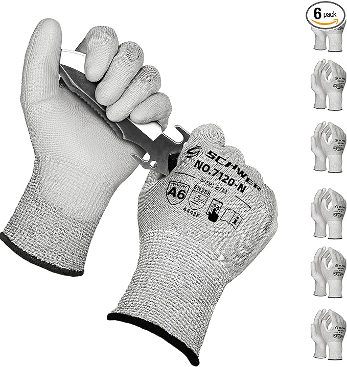Schwer 6 Pairs ANSI A6 Cut Resistant Gloves CR7120 Cut Proof Work Gloves, Touchscreen, for Men and Women Used for Woodworking, Glass Cutting, Construction, Cargo Handling, Car Repair, M