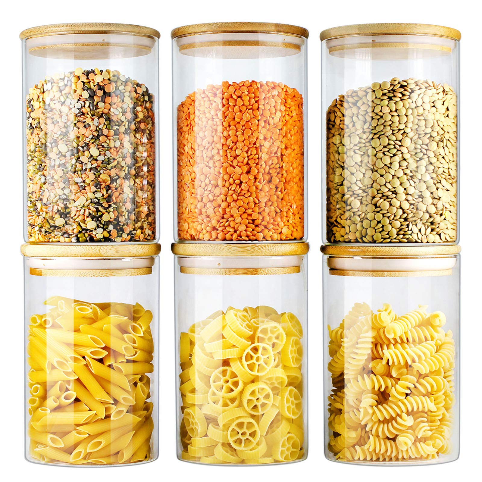 EcoEvo Glass Jars with Bamboo Lids (27oz in 6 Pack), Glass Food Jars and Canisters Sets, Food Storage Container with Airtight Lids, Food Pantry Jars,