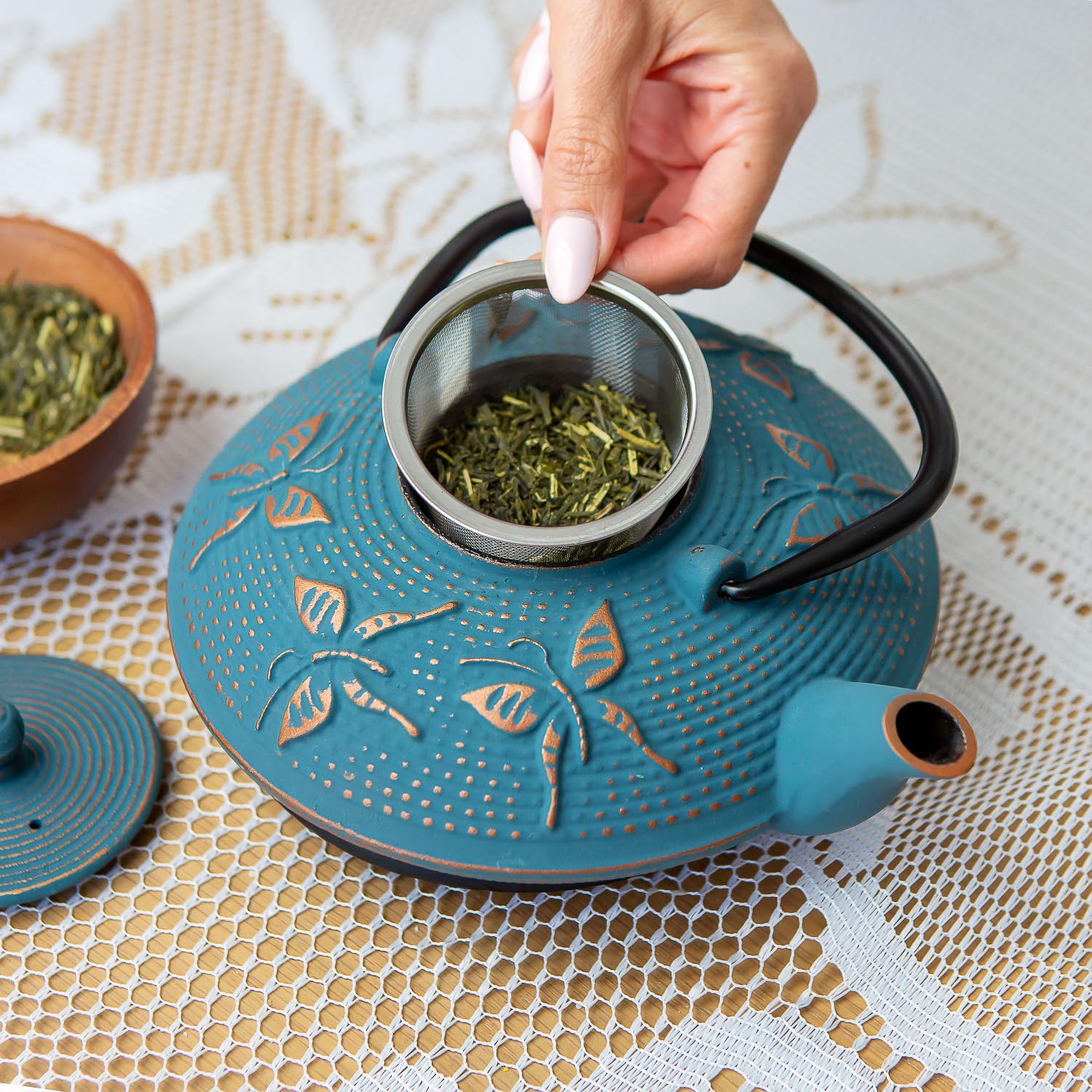 Cast Iron Tea Set with Teapot, 2 Tea Cups, 2 Saucers, Stainless Steel Tea Infuser & Matching Trivet, Enamel Coated Teapot for Loose Leaf Tea, Blue Butterfly
