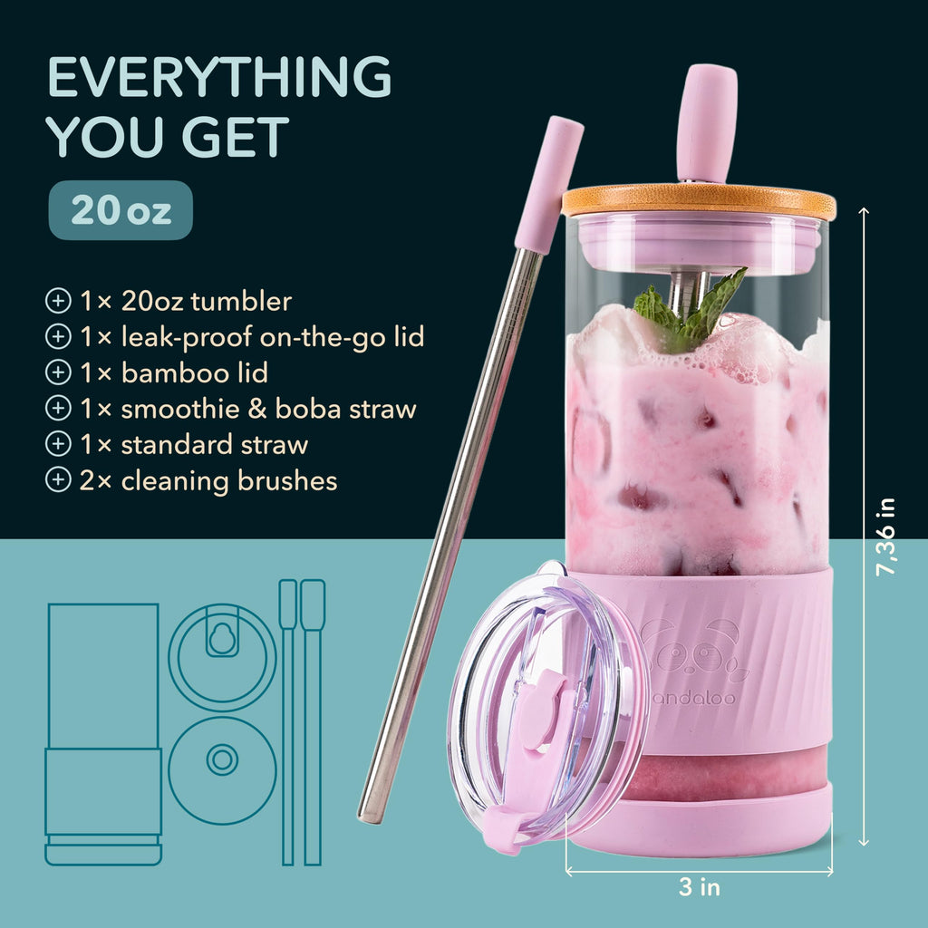 Pandaloo® Glass Cups With Lids and Straws -20 Fl Oz- Perfect Size Iced Coffee Cup - Smoothie Cup With Bamboo Lid and On the go Lid - Glass Tumbler With Straw (1 Count (Pack of 1), Lilac Rhapsody)