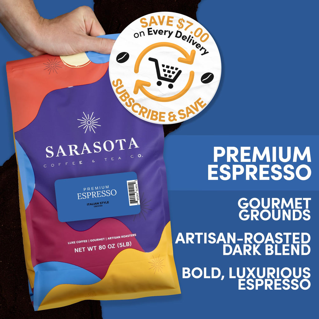 Sarasota Coffee Ground Espresso | Dark Roast Gourmet Coffee Grounds | Low Acid, Mold Free, Specialty Grade, Bulk Ground Espresso Coffee | 5lb (80 oz)