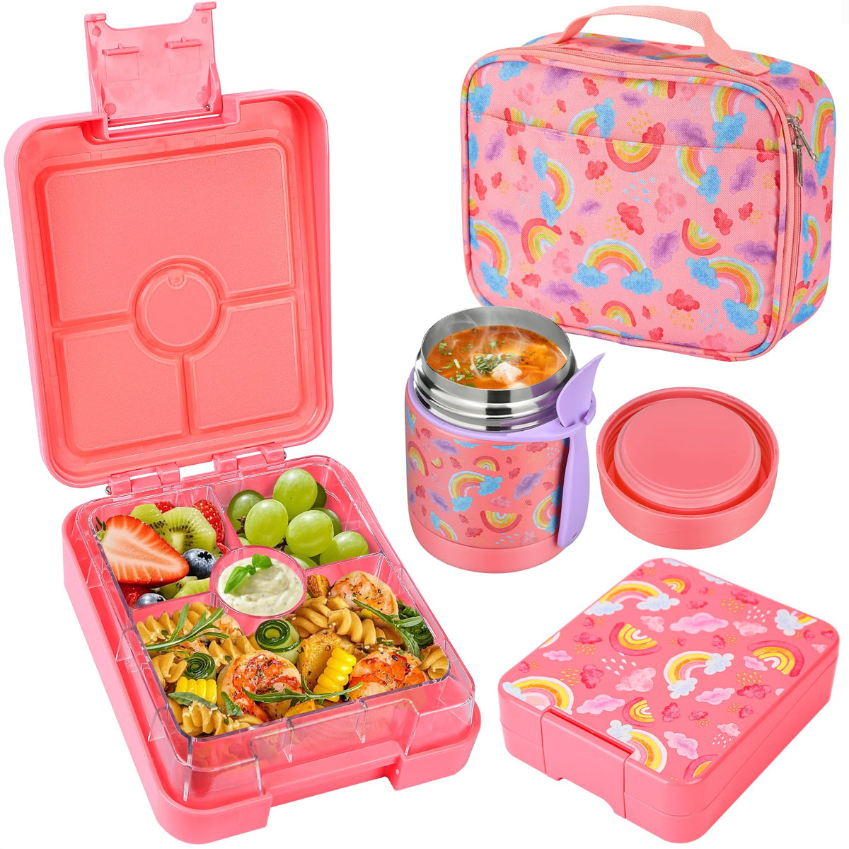 Pawtong Bento Lunch Box Set With 10oz Soup Thermo, Leak-proof Lunch Containers with 4 Compartment, Kids Hot Thermo Food Jar/Insulation Lunch Bag, Food Containers for School（Flamingo）