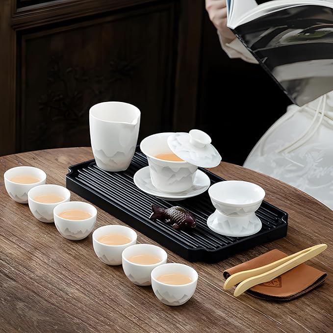 ICHAG Chinese Tea Set, Gongfu Tea Sets for Adults, China Gaiwan Teaset, 14-Piece Yangzhi Jade (茶具) Porcelain Set with Suspended Gaiwan & Tea Pet, Portable Travel Teaset for Home, Outdoor, Office Gifts