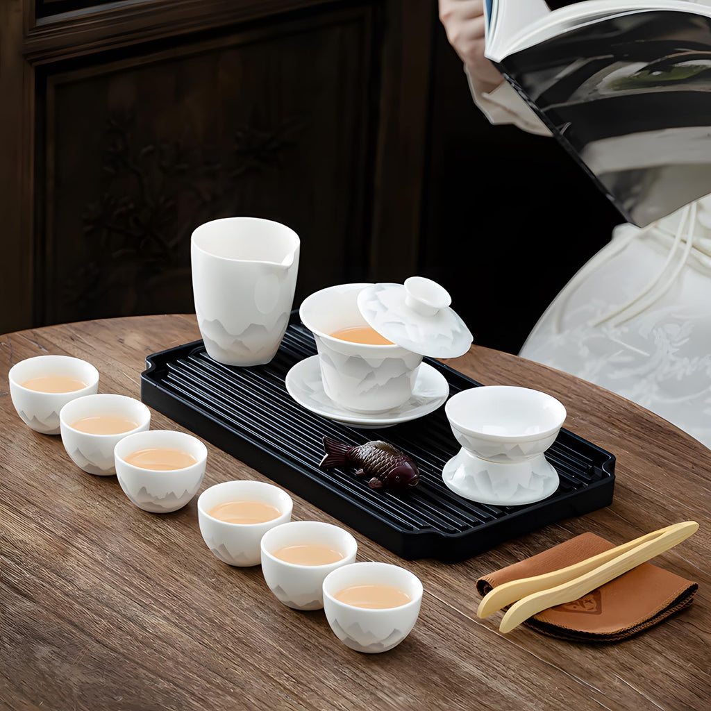 ICHAG 14-Piece Chinese Gongfu Tea Set, Yangzhi Jade Porcelain Gaiwan Tea Set with Anti-Mold Resin Tray & Color-Changing Tea Pet, Portable Travel Kit for Home, Office, Camping, Gift for Tea Lovers
