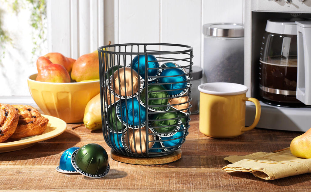 MosJos Coffee Pod Holder -Black Wire K Cup Storage with Wooden Base - Large Capacity Slim Design - Modern Coffee Basket Decor for Kitchen Countertop for Keurig Kcups & Espresso Capsules