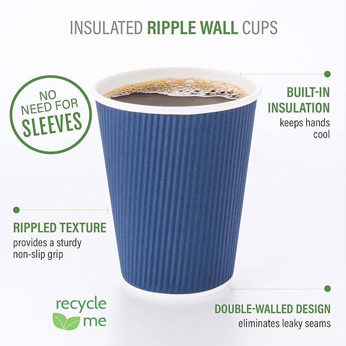 Restaurantware 16 Ounce Ripple Wall Disposable Coffee Cups, 500 Insulated Midnight Blue Paper Tumblers with Rolled Rim Design, Lids Sold Separately for Hot Drinks like Tea, Hot Chocolate and More