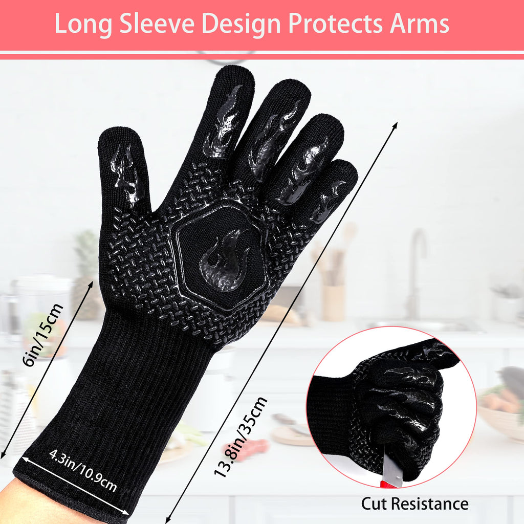BBQ Gloves 1472F Heat Resistant Non-Slip Silicone 13.5in (Black)