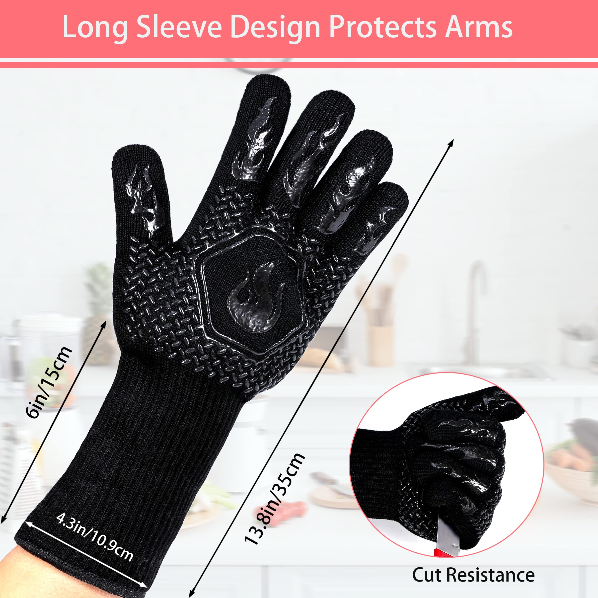 BBQ Gloves 1472F Heat Resistant Non-Slip Silicone 13.5in (Black)