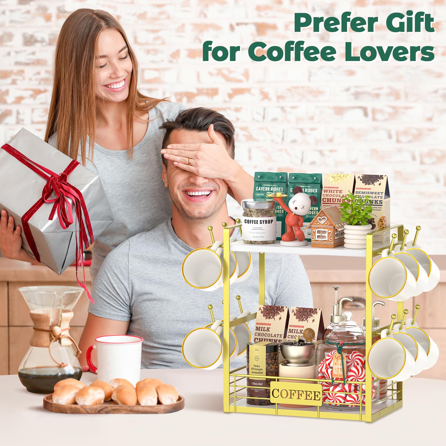 EsLuker.ly Coffee Mug Cup Holder Tree Bar Station Organizer, 2 Tier Gold