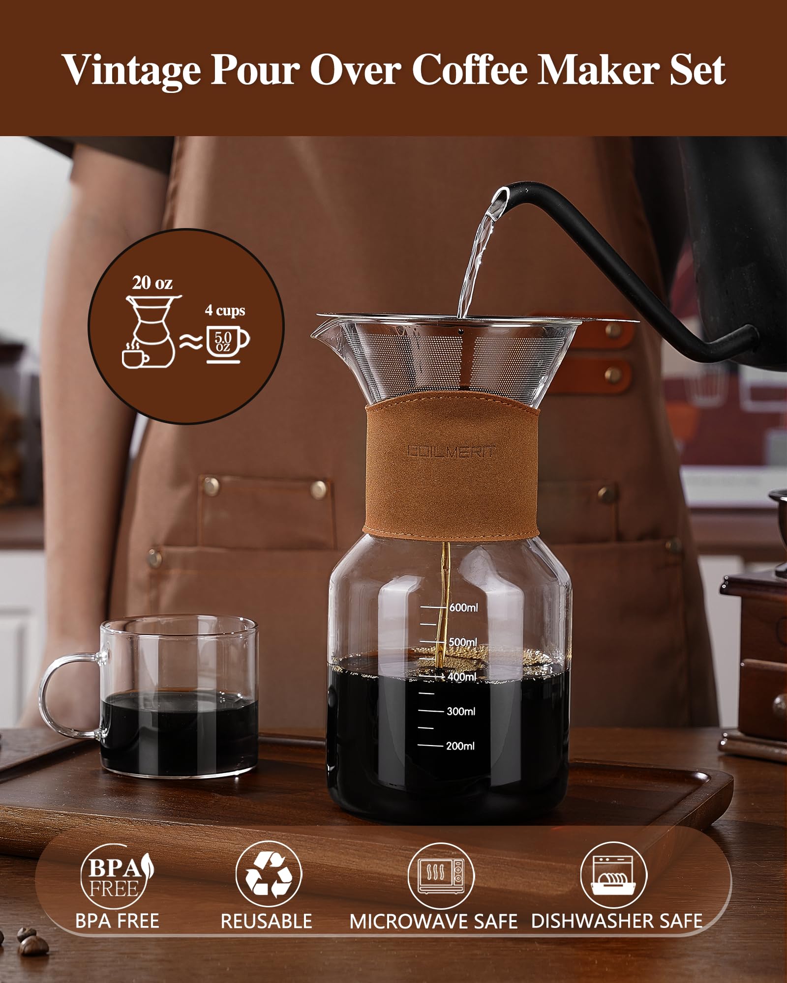 Pour Over Coffee Maker with Double-Layer Stainless Steel Filter, 20 oz Pour Over Coffee Dripper, Glass Carafe with Vintage Leather Collar and Cork Lid & Filter Stand for Espresso