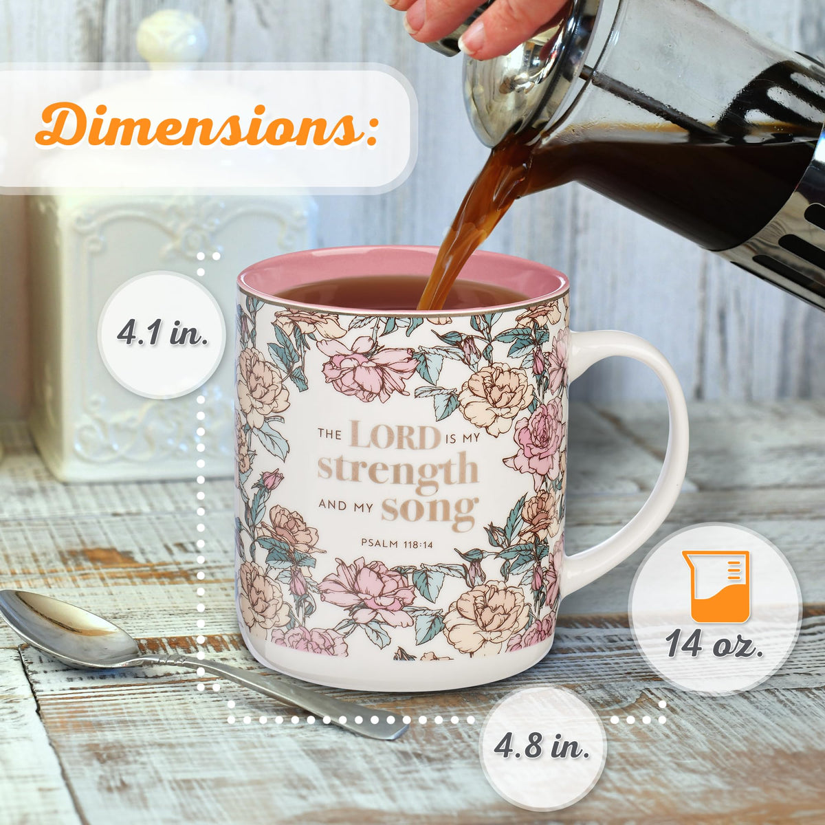 Christian Art Gifts Pink Floral Ceramic Coffee Mug – 14 oz. Lead and Cadmium-free Non-toxic Inspirational Scripture Coffee and Tea Mug for Women with Bible Verse: My Strength and My Song –Psalm 118:14