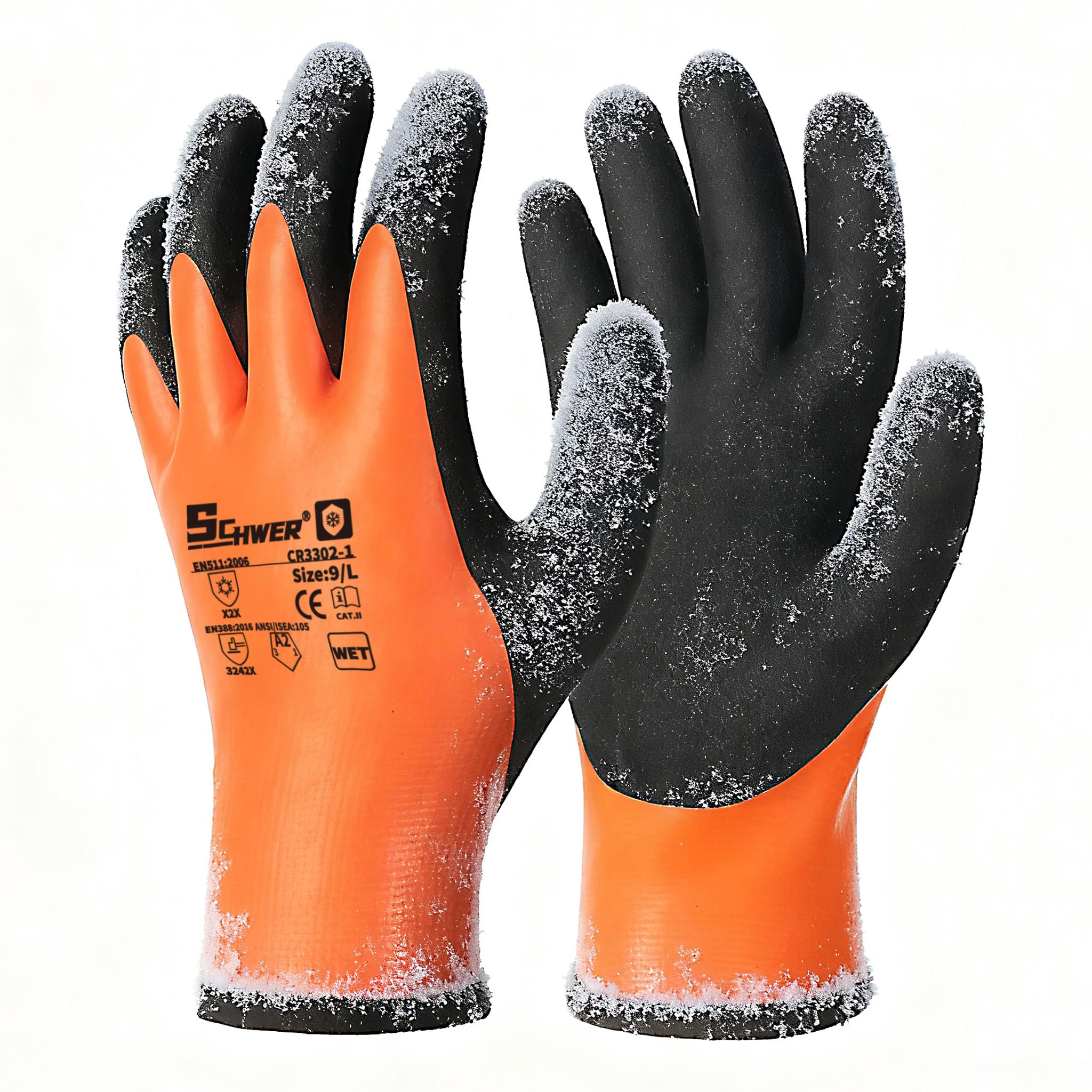 Schwer 2 Pairs Waterproof Winter Work Gloves Latex Coated, CR3302-1, XL