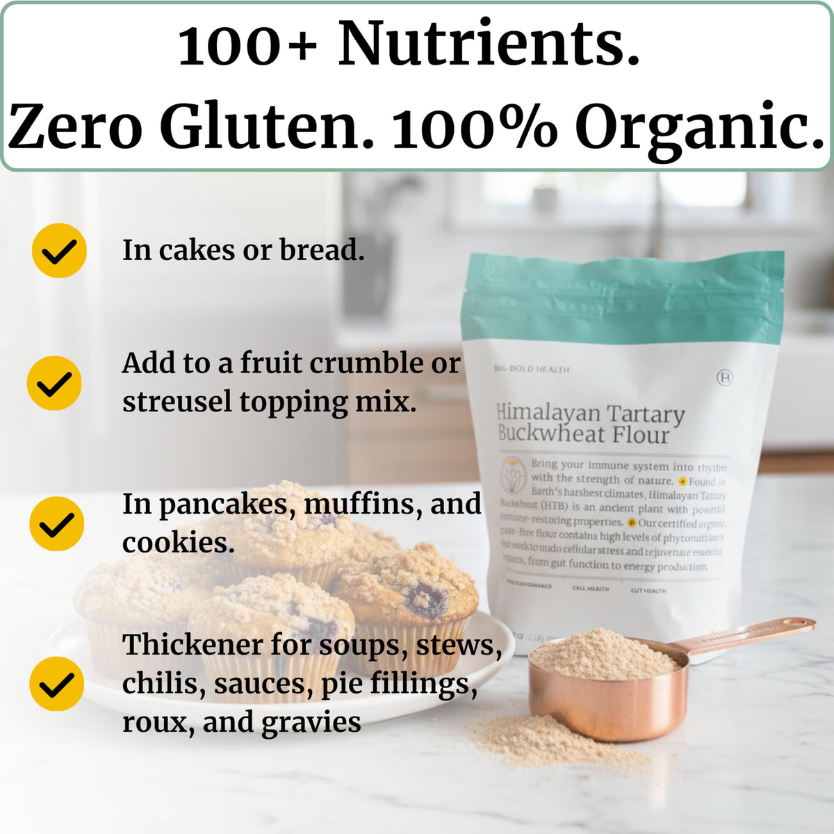 BIG BOLD HEALTH Organic Himalayan Tartary Buckwheat Flour - Gluten Free | Rich in Polyphenols & Antioxidants | 100% USDA Organic Grain-Free Flour | Non-GMO | USA Grown (2lb)