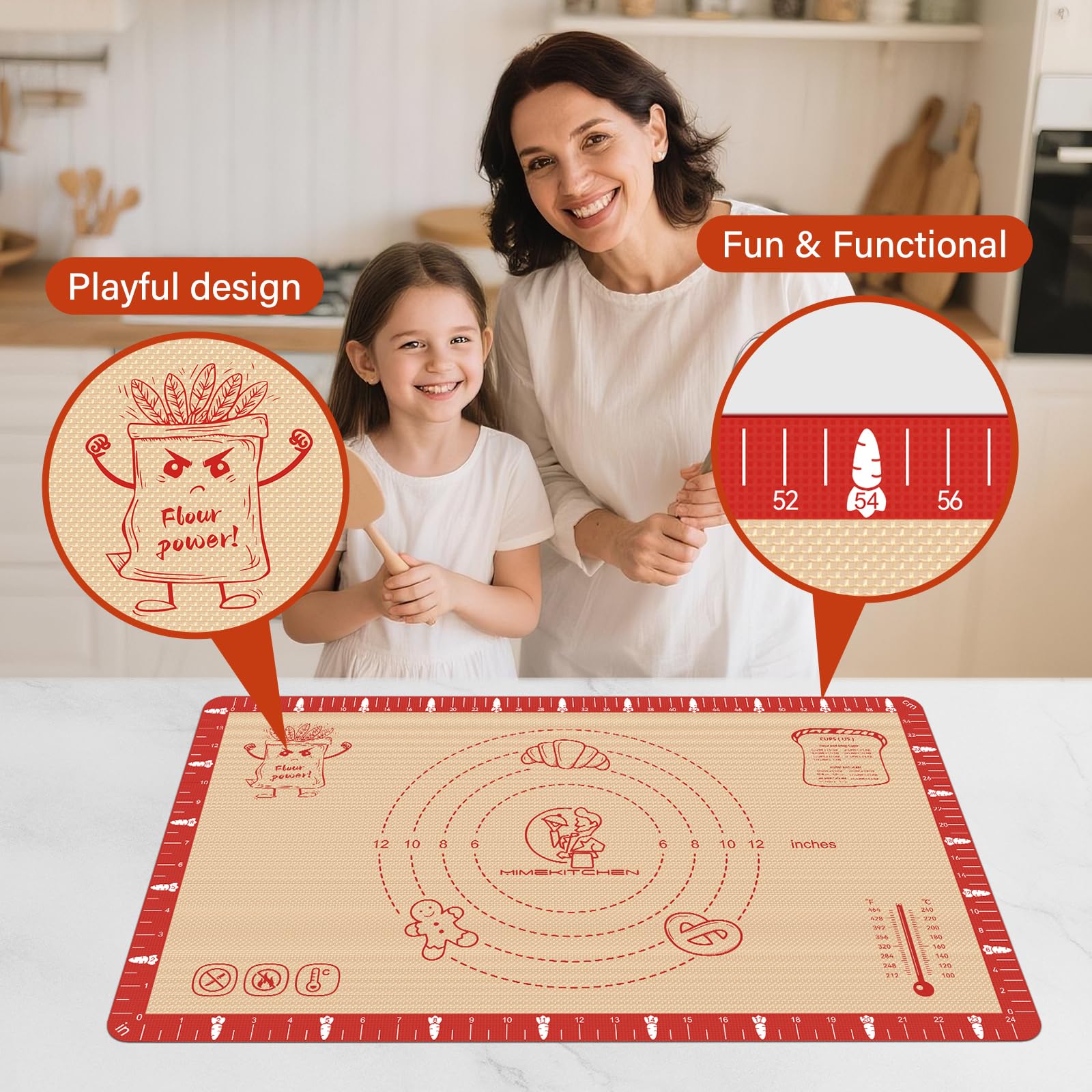 Non-Slip Silicone Baking Mat - 20x28 inch Extra Thick Pastry Mat with Measurements for Sourdough, Macarons, Bread, Pizza, Dough Rolling, Kneading, Oven Mat Heat Resistant to 480°F for Baker