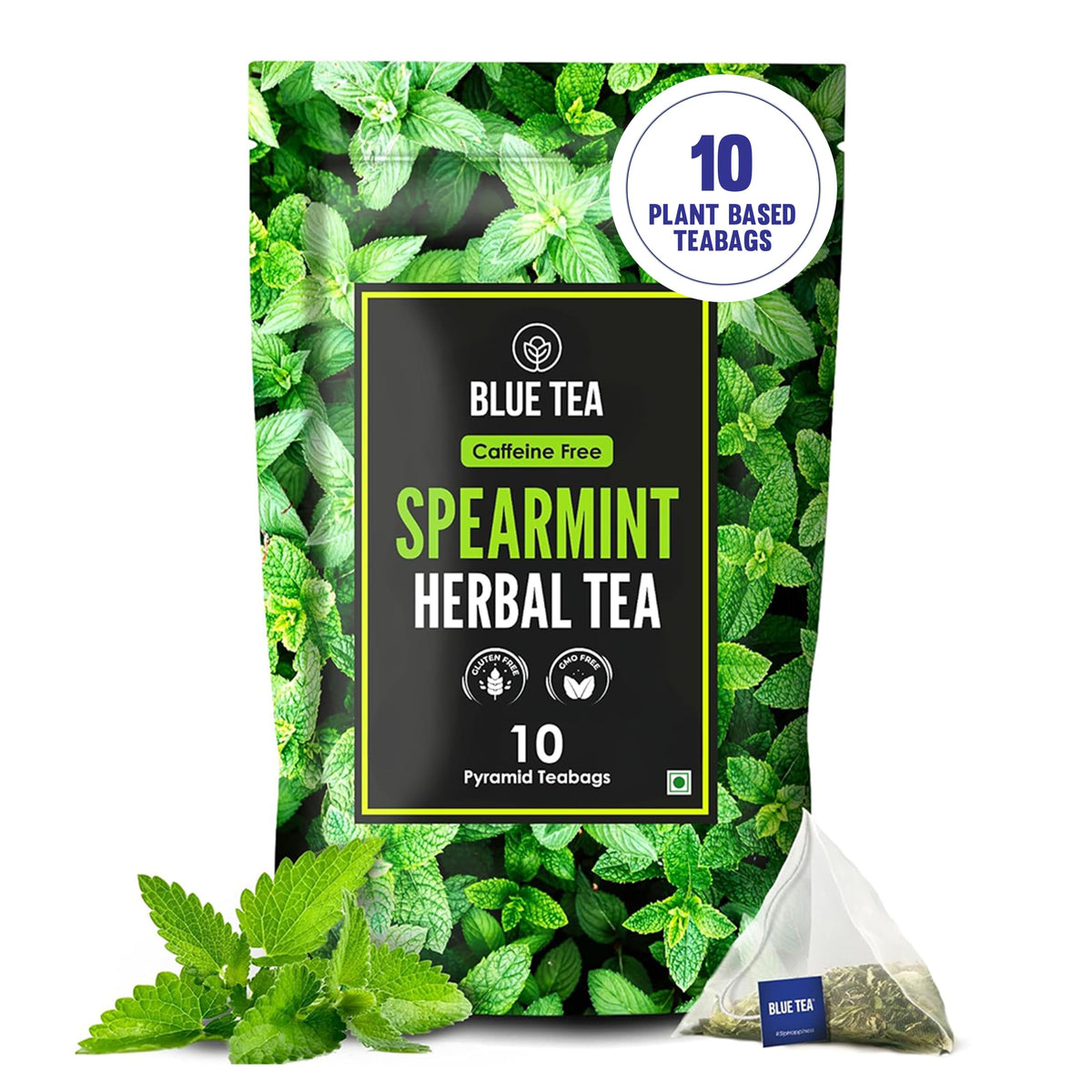 BLUE TEA - Spearmint Tea - 100 Count - Pyramid Plant Based Tea Bag | PCOS RELIEF | Balances Hormones - Support Digestion | Refreshing Flavour - Herbal Tea - Leaf Based - Caffeine free | Ziplock Pouch