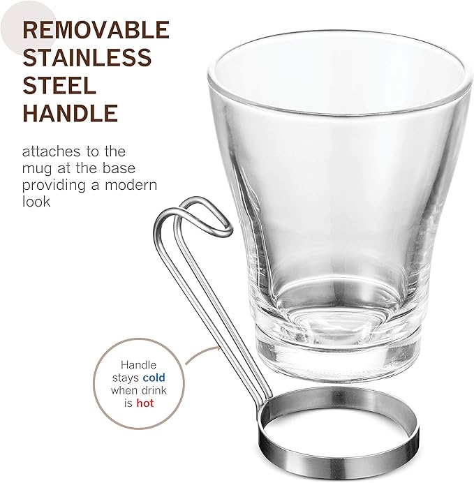 Bormioli Rocco OSLO Glass Coffee Mug - 7 ½ Ounce Espresso Cups (4 Pack) with Metal Handle Perfect Tea Glasses for hot and cold beverages, Thermal Shock Resistant, Tempered Glass, for Latte, Cappuccino
