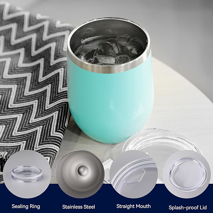 DOMICARE Stainless Steel Wine Tumbler Bulk with Lid, Personalized Insulated Tumblers Set, 12oz Travel Coffee Cups Pack of 4, Light Blue
