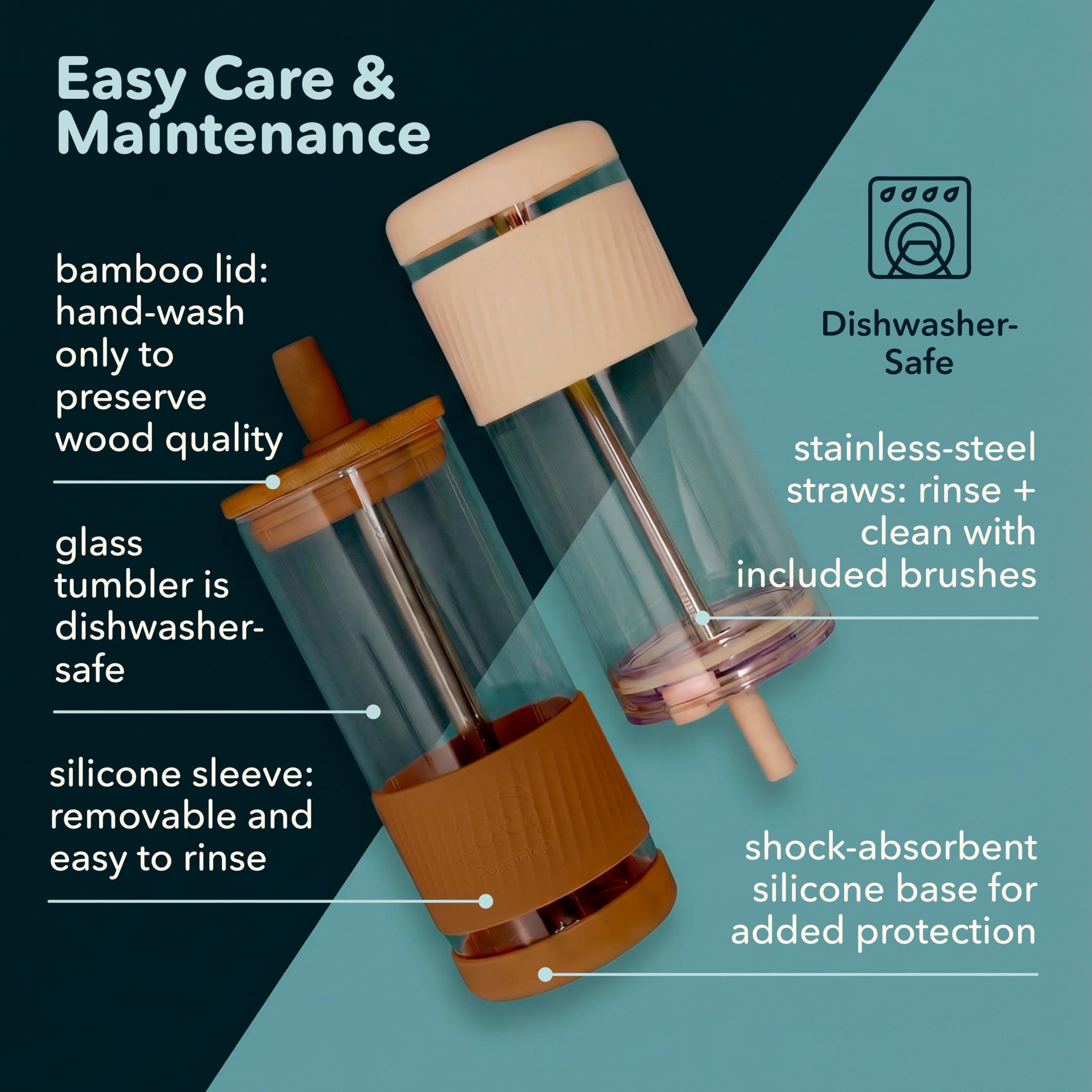 Pandaloo® Glass Cups With Lids and Straws -20 Fl Oz- Perfect Size Iced Coffee Cup - Smoothie Cup With Bamboo Lid and On the go Lid - Glass Tumbler With Straw (2 Count (Pack of 1), Amber Sand)