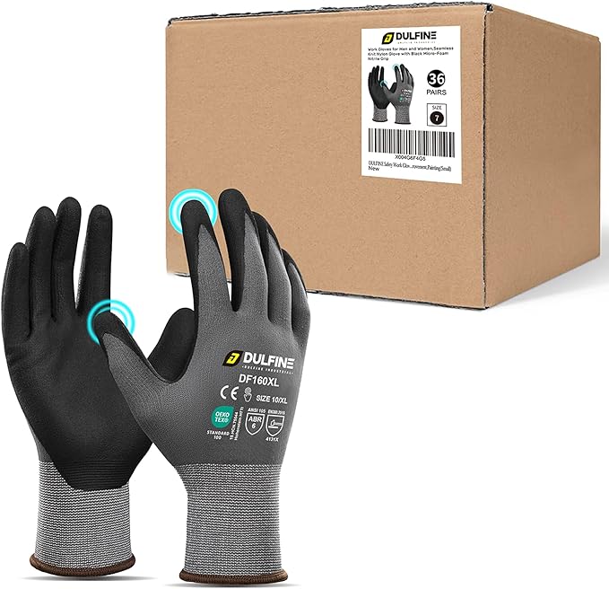 DULFINE Safety Work Gloves MicroFoam Nitrile Coated-36 Pairs Pack,Seamless Knit Nylon Glove with Black Micro-Foam Nitrile Grip,Ideal for General Purpose,Automotive,Home Improvement,Painting(Large)