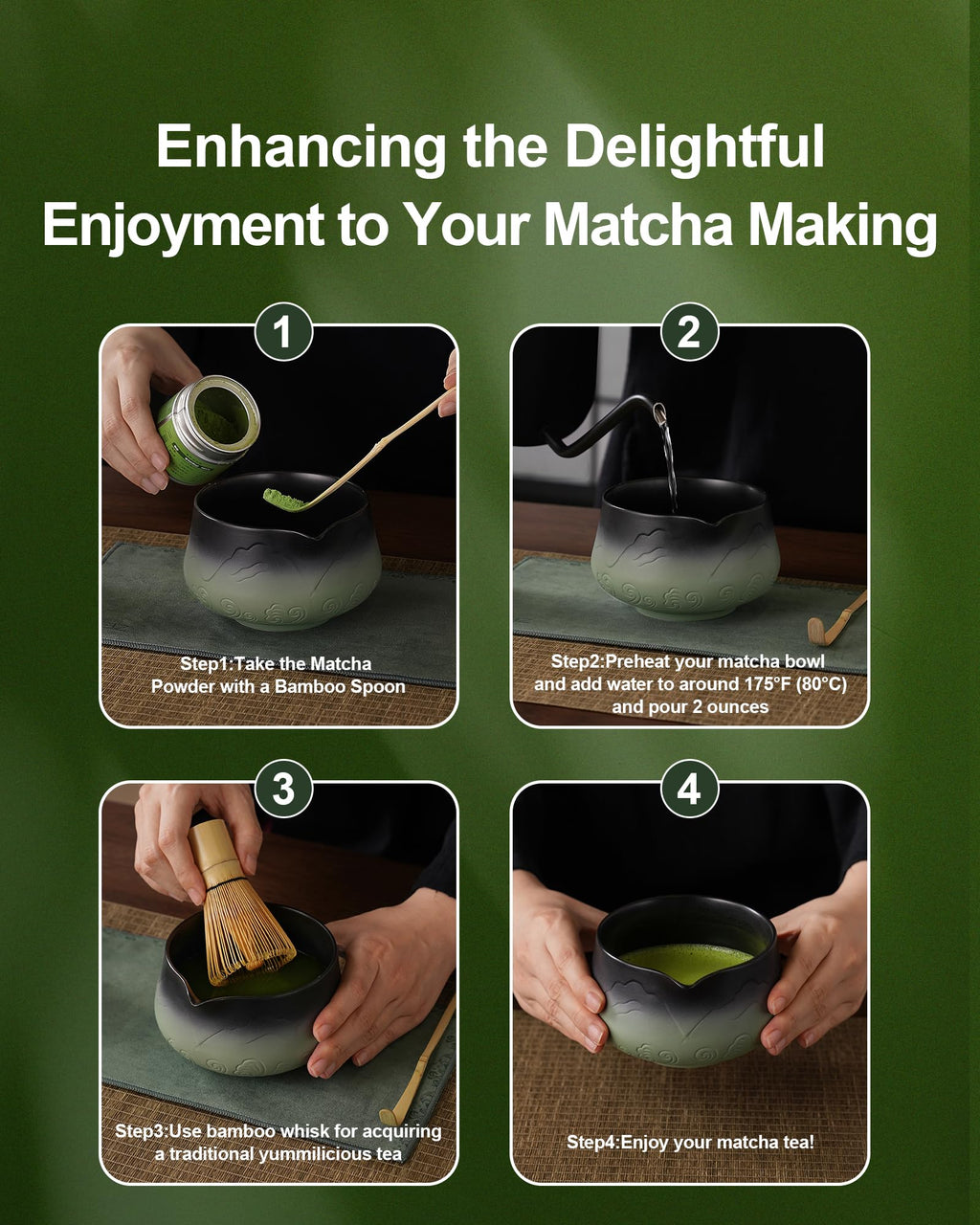 ZENS Premium Matcha Whisk Set, 5pcs Matcha Kit with Matcha Tools, Green
