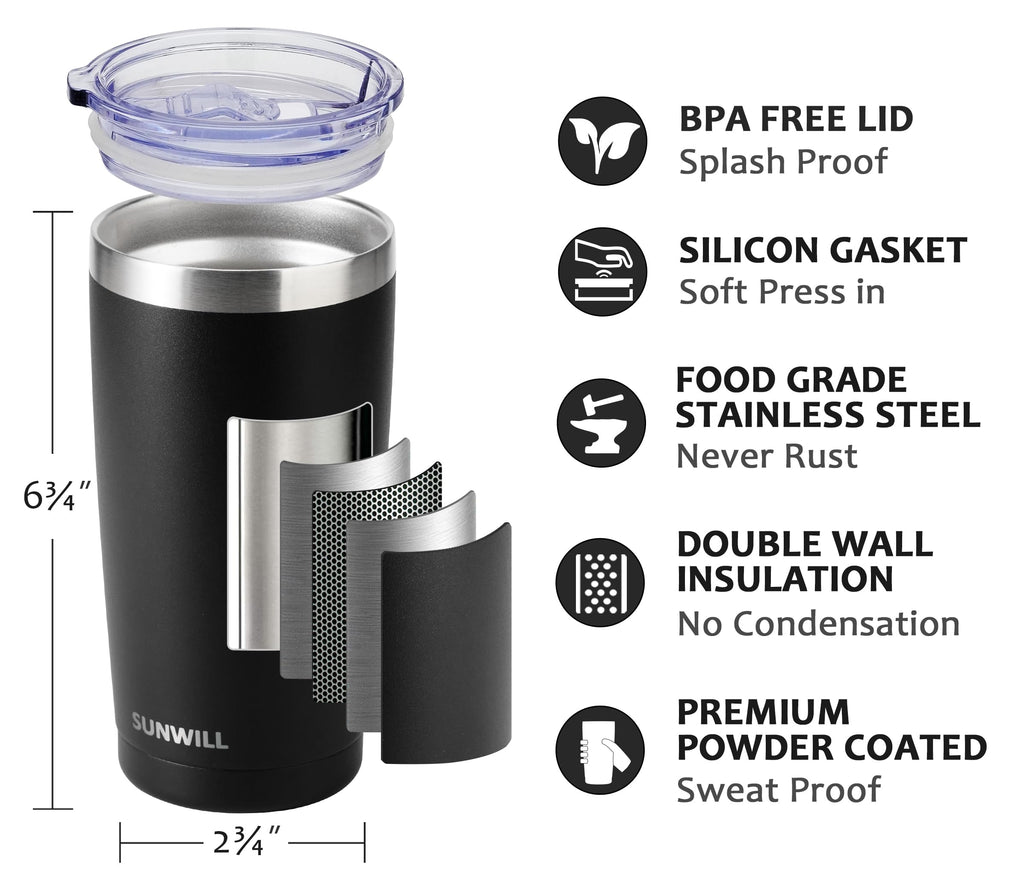 SUNWILL Travel Coffee Tumbler 20 oz, Insulated Mug with Lid, Stainless Steel Cup for Outdoor, Powder Coated Black