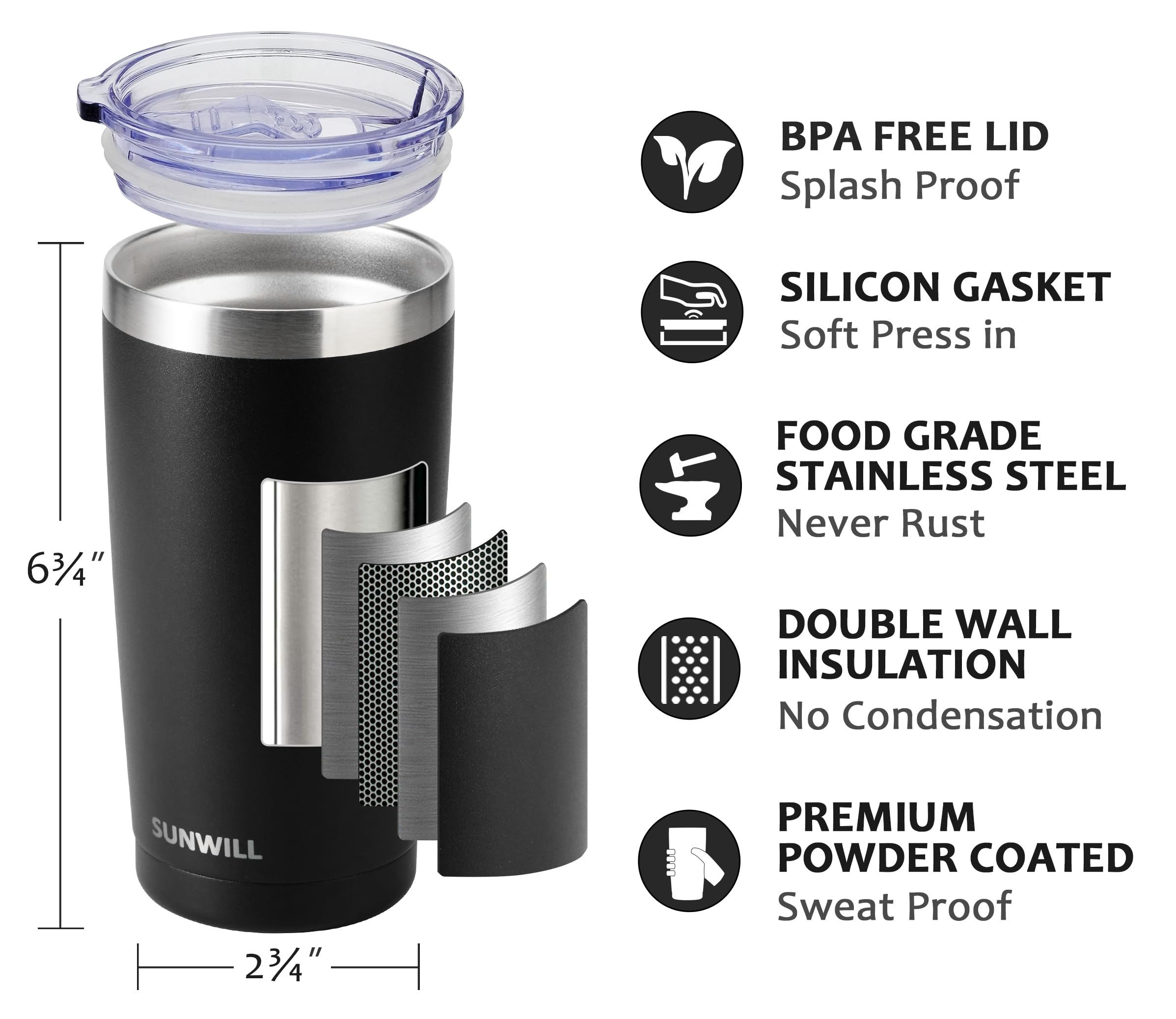 SUNWILL Travel Coffee Tumbler 20 oz, Insulated Mug with Lid, Stainless Steel Cup for Outdoor, Powder Coated Black