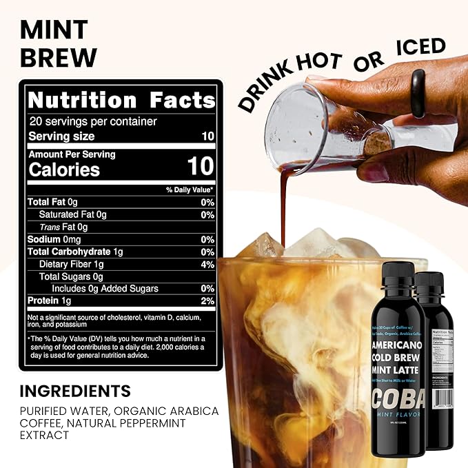 COBA Premium Coffee Concentrate – Bold & Extra Strong Cold Brew & Hot Coffee | 20 Cups per Bottle | Fair Trade Organic Medium Roast | Instant Iced Americano Latte | Dairy Free, Vegan, Gluten Free (Sweet Mint)