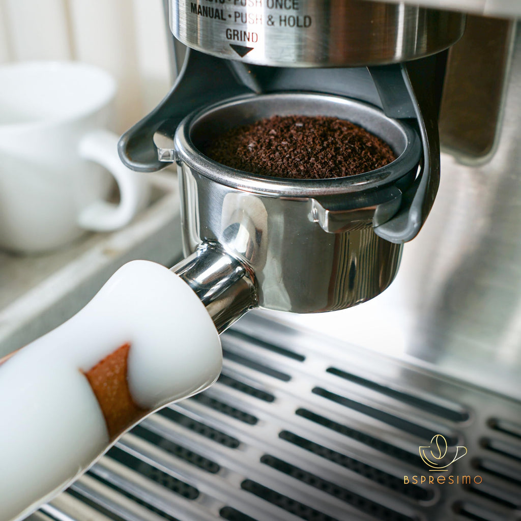 Bspresimo 54mm Bottomless Portafilter Modern Handle – Includes Stainless Steel Naked Basket – Fits Breville Barista Express & 54mm Breville Espresso Machines - Espresso Machine Accessories – White