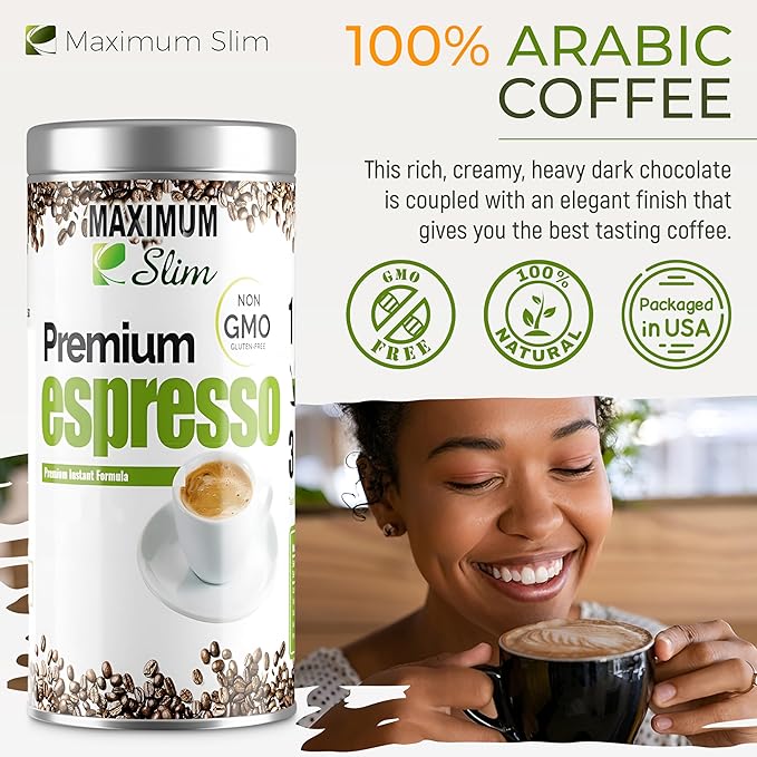 Maximum Slim Premio Instant Espresso Powder – Bold & Rich Flavor 100% Arabica Beans - Non-GMO, Gluten-Free – Premium Medium Roast Coffee 14.1 oz Resealable Jar : Café Instantáneo (Pack of 2)