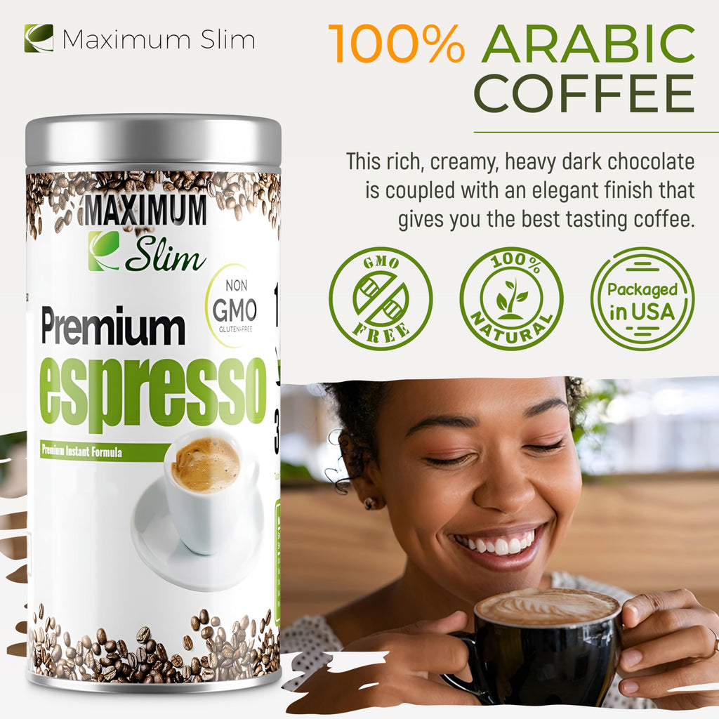 Maximum Slim Premio Instant Espresso Powder – Bold & Rich Flavor 100% Arabica Beans - Non-GMO, Gluten-Free – Premium Medium Roast Coffee 14.1 oz Resealable Jar = Café Instantáneo