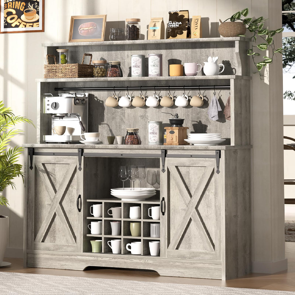 BestHaped 55'' Farmhouse Coffee Bar Cabinet with 3 Tier Storage Hutch, Coffee Bar Station with Sliding Barn Door, Hutch Storage Cabinet with 12 Wine Racks & 9 Hooks for Kitchen Dining Living Room