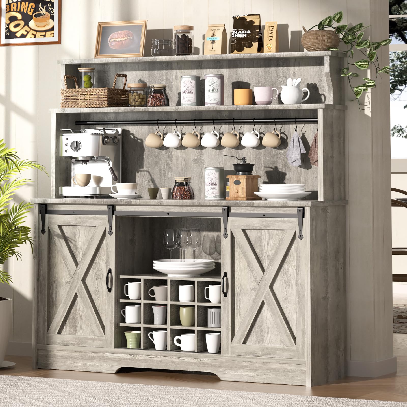 BestHaped 55'' Farmhouse Coffee Bar Cabinet with 3 Tier Storage Hutch, Coffee Bar Station with Sliding Barn Door, Hutch Storage Cabinet with 12 Wine Racks & 9 Hooks for Kitchen Dining Living Room
