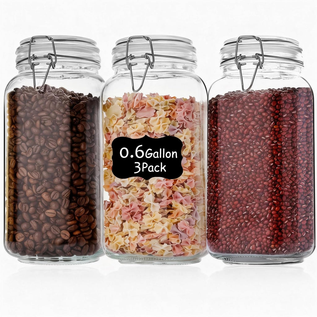 Liuruiyu 78oz Glass Food Storage Jars with Airtight Clamp Lids, 3 Pack Wide Mouth Large Kitchen Canisters for Flour, Cereal, Beans, Pasta and Canning, Square Mason Jar with Labels