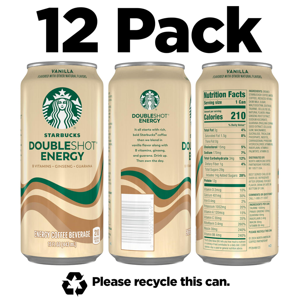 Starbucks Doubleshot Energy Drink Coffee Beverage, Vanilla, Iced Coffee, 15 fl oz Cans (12 Pack)