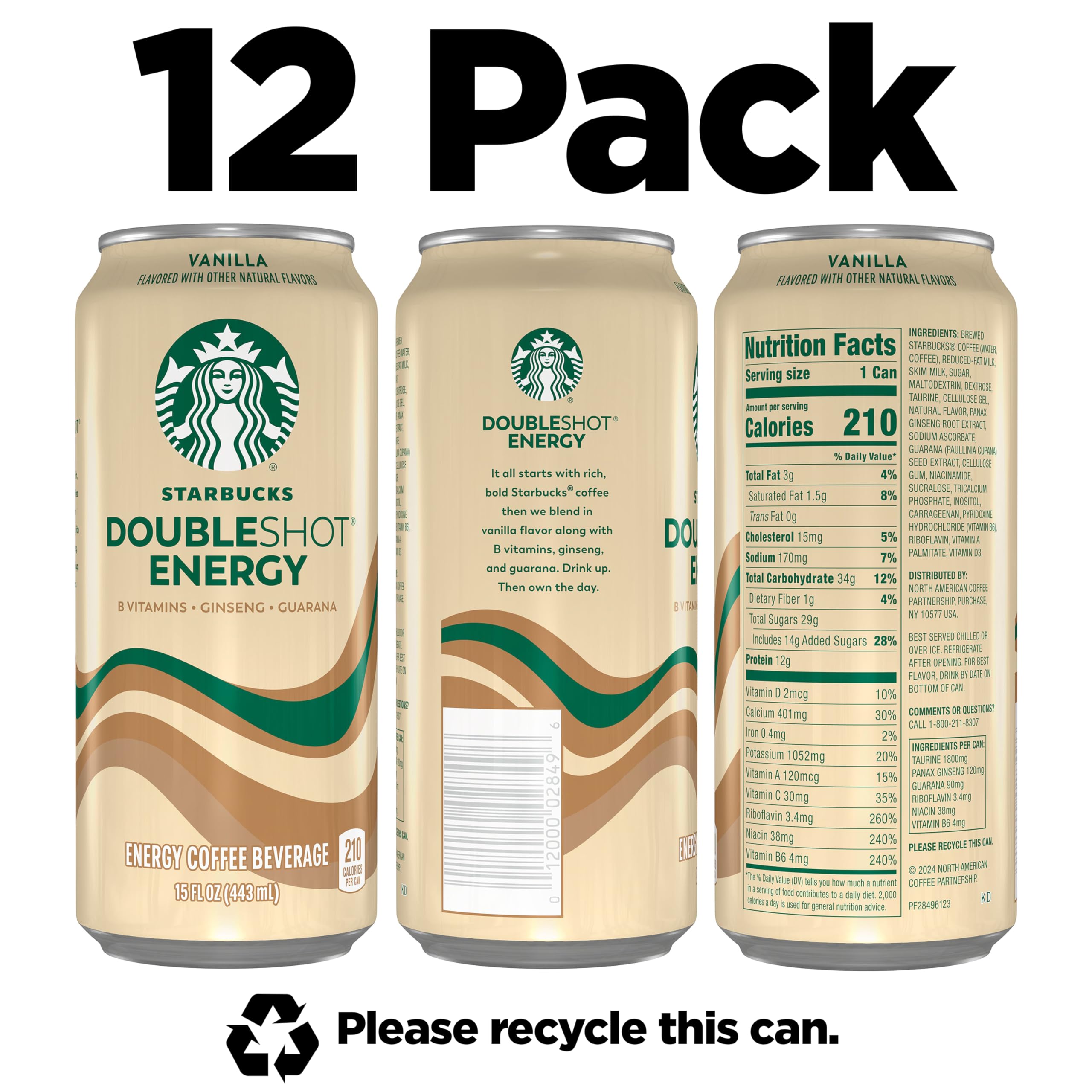 Starbucks Doubleshot Energy Drink Coffee Beverage, Vanilla, Iced Coffee, 15 fl oz Cans (12 Pack)