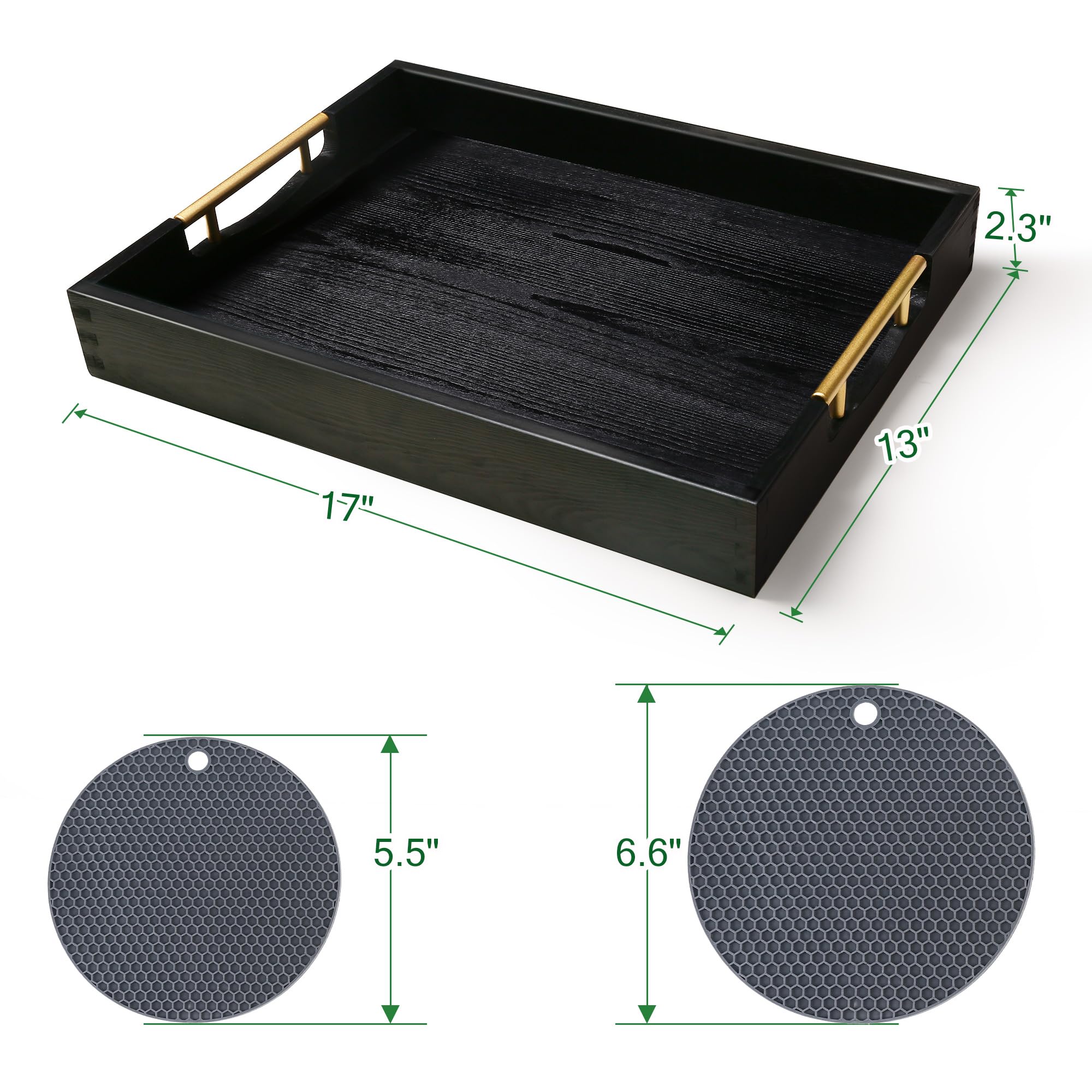 LotFancy Wood Serving Tray, 17x13”, Large Ottoman Tray with Metal Handles, Decorative Wooden Tray for Living Room, Ottoman, Coffee Table, 2 Skidproof Coasters Included, Black