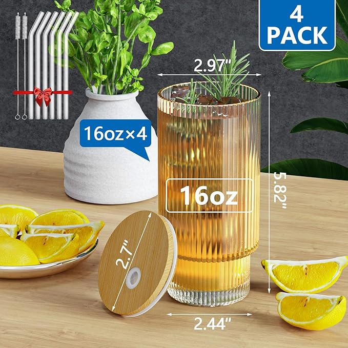 16OZ Ribbed Glass Cups with Lids and Straws 4 Set, Vintage Glassware for Whiskey Cocktail Beer, Iced Coffee Cups with Lid, Glass Tumbler with Straw and Lid (4 PACK)