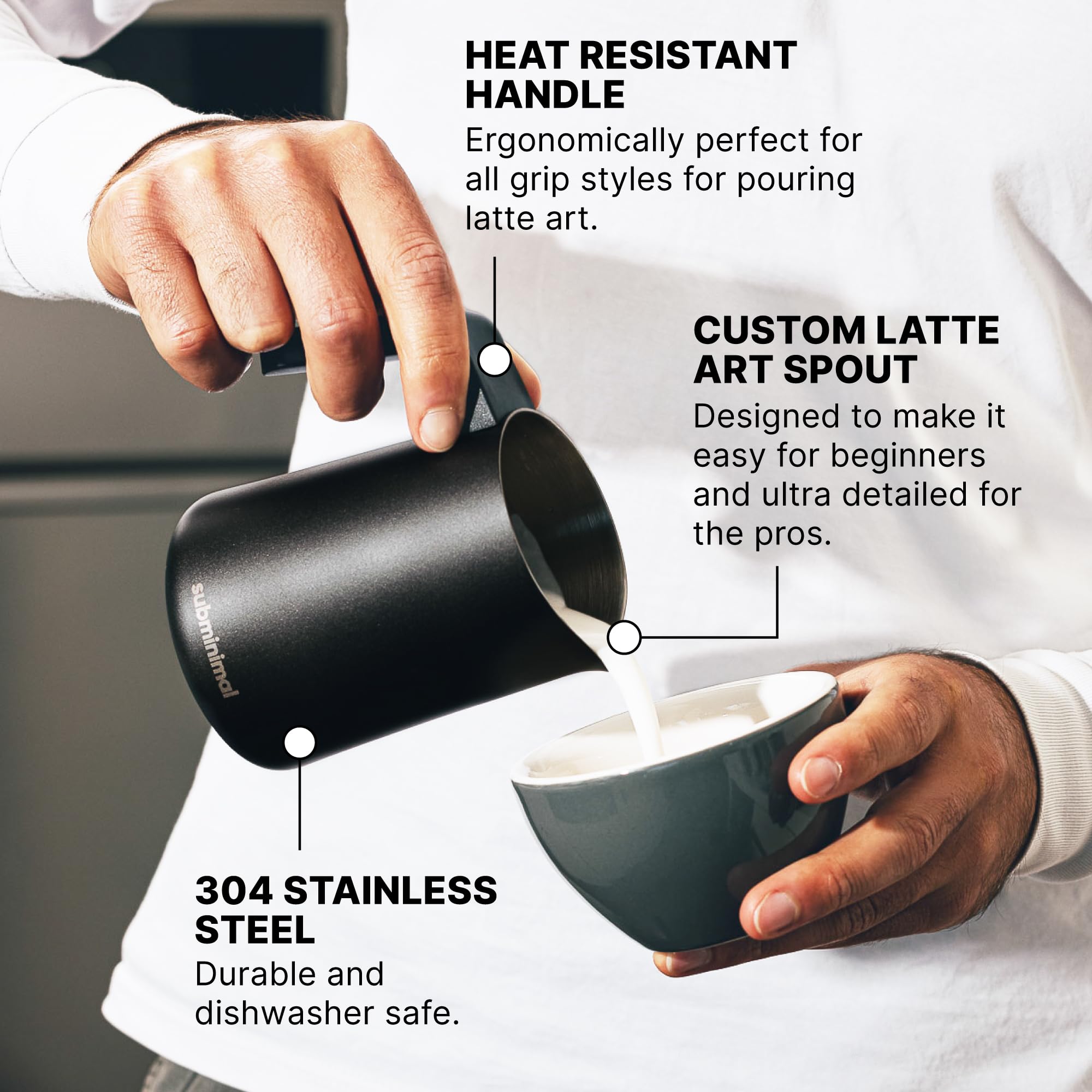 Subminimal FlowTip Milk Jug - Stovetop Milk Frothing, Foaming Pitcher for Barista-Style Coffee - Cappuccino & Latte Art Pouring Jug with Heat Resistant Handle - 450ml, Black