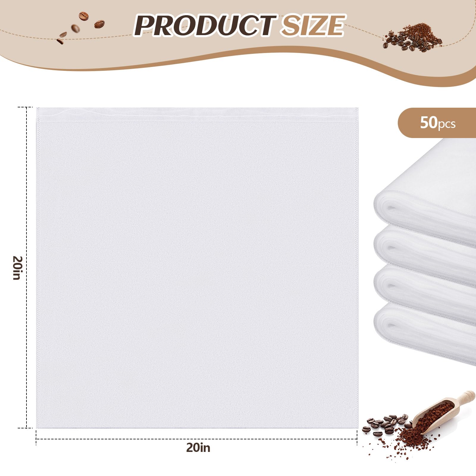 Cinnvoice 50 Pcs 20" x 20" Commercial Home Cold Brew Coffee Filter Bags with Drawstring, Disposable for Commercial Home Cold Brew Coffee Makers