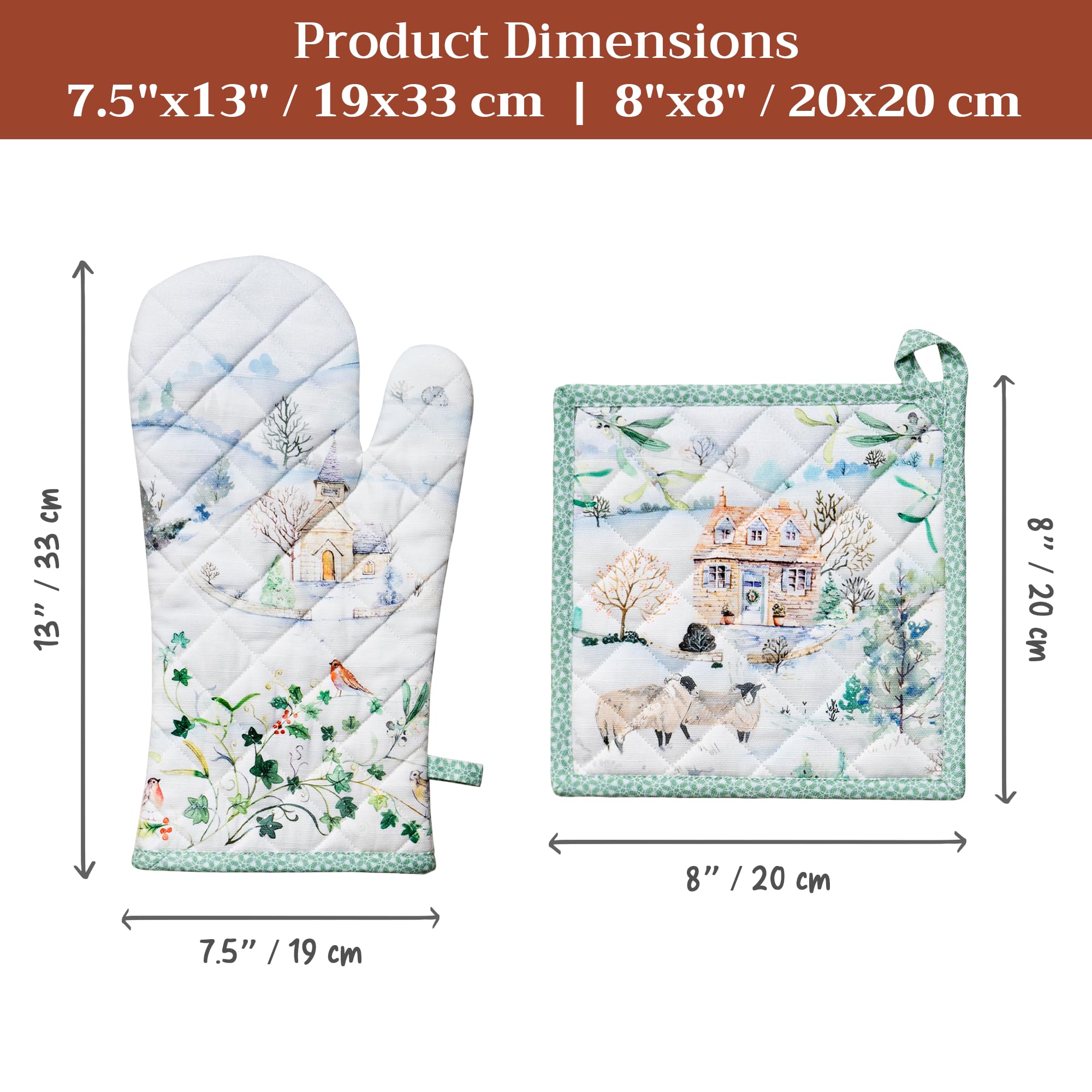 Maison d' Hermine 100% Cotton Oven Mitt & Pot Holder Set (7.5"x13" & 8"x8")